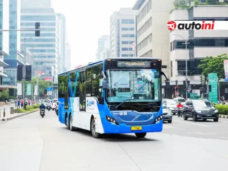 TransJakarta Bus Moving in the city Indonesia