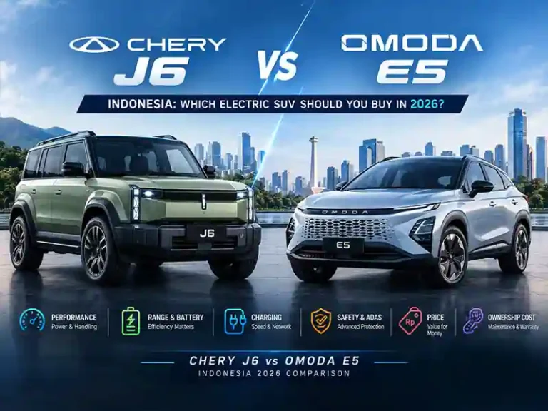 Chery J6 vs Omoda E5: Perbandingan Harga, Spesifikasi, Jangkauan & Kepemilikan Chery J6 vs Omoda E5 electric SUV comparison Indonesia 2026