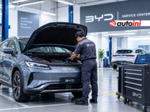 BYD electric car undergoing routine maintenance at a service workshop in Indonesia